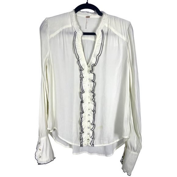 Free People, Size Small, Off White Button Up Blouse, Distressed Ruffle Contrast - Picture 1 of 9